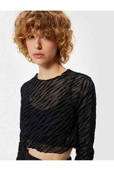 Koton Long Sleeve Crew Neck Zebra Print Crop Top