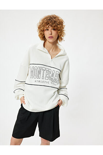 Koton College Printed Oversize Sweatshirt - Half Zipper Hooded