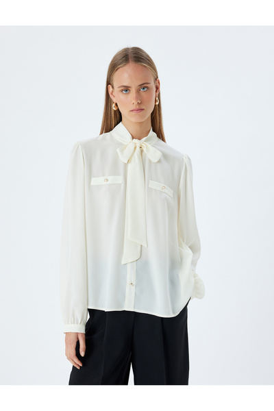 Koton Long Sleeve Scarf Collar Pearl Button Detailed Crepe Shirt