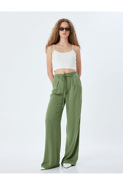 Koton New Season Wide Leg Trousers Buttoned Waist Laced Regular Waist