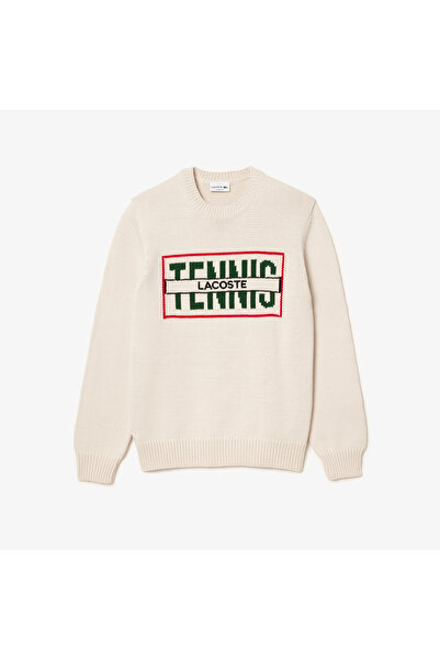 Lacoste Ανδρικό κλασικό μακρυμάνικο πλεκτό με λαιμόκοψη με τύπωμα λευκό