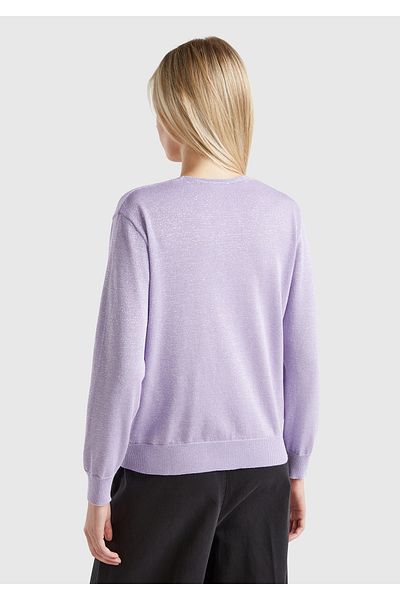 United Colors of Benetton Pulover de damă roz din bumbac și amestec vâscos, cu decolteu în V, cu croiala relaxată
