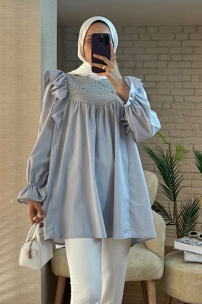 Salih Çelebi 2044 Ruffle Shoulder Tunic - Gray