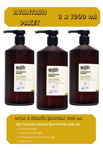 Muddy B-TOX KERATIN REPAIRING HAIR SHAMPOO - 1000ml x 3