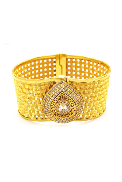 FerizZ İmitasyon Trabzon Hasırı Altın Kaplama Taşlı Sepet Örgü Kelepçe BLZ-599