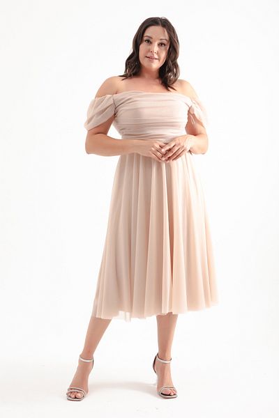 Lafaba Beige Draped Boat Neck Midi Large Size Flared Evening Dress