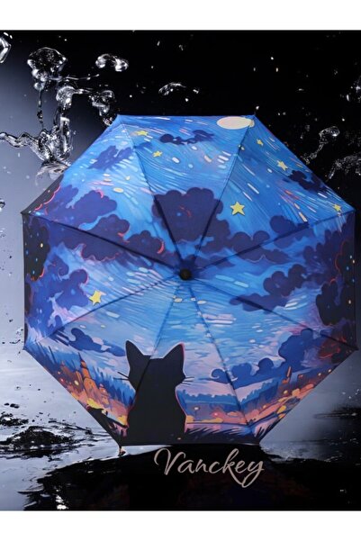 VANCKEY Üç Boyutlu Renkli Kedi Desenli 8 Telli Manuel Rüzgara Dayanıklı Şemsiye