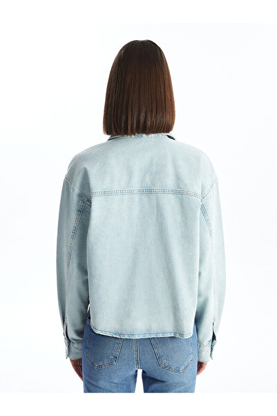 LC Waikiki Indigo Plain Long Sleeve Crop Women's Jean Shirt Jacket