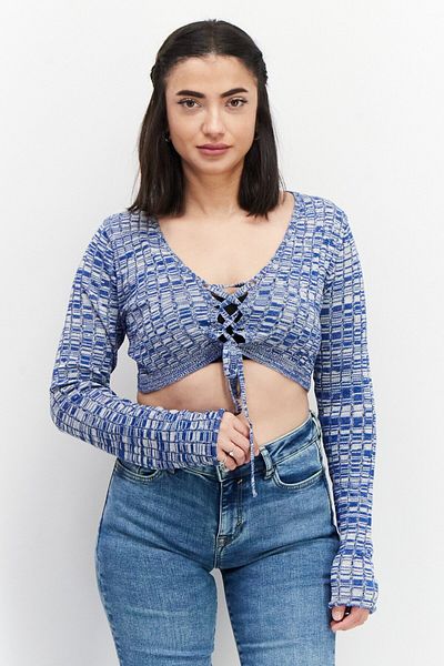 NA-KD Women Tie Neck Long Sleeve Textured Top, Blue