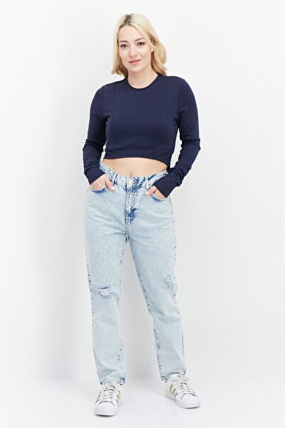 NA-KD Women Round Neck Long Sleeve Plain Crop Top, Navy