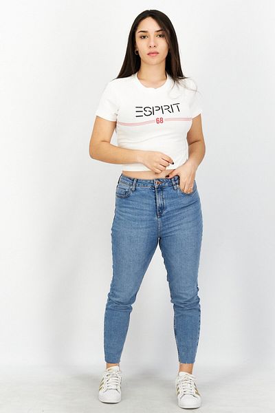 Esprit Women Crew Neck Short Sleeve Brand Logo Crop Top, White