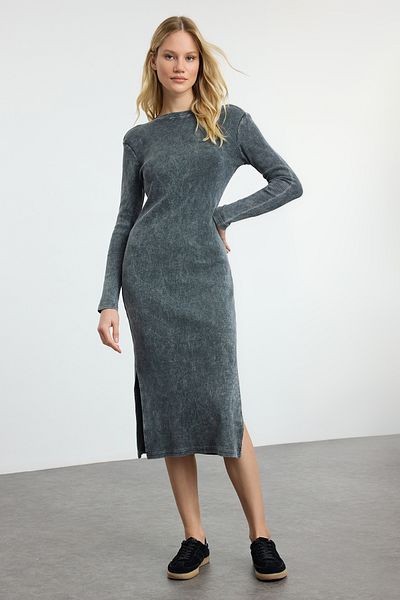 Trendyol Collection FlexibleMaxiKnitted Dress - Anthracite, Plain Wash, Pale Effect, Zero Sleeve, Stand Collar Twoaw25el00300