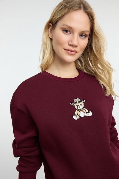 Trendyol Collection Burgunderrot Normales/Normal geformtes, dickes Strick-Sweatshirt mit Stickerei TWOAW25SW00050