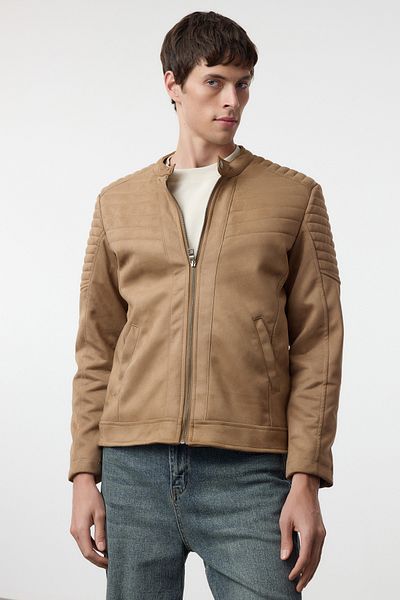 Trendyol Collection Winter-Bikermantel aus Kamel-Wildleder – schmale Passform, wind- und wasserabweisend TMNAW25MO00048