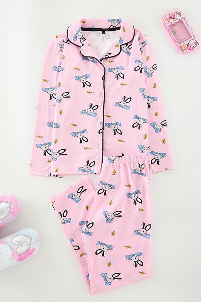 TRENDYOLKIDS Rózsaszín nyomtatott kötött pizsama szett lányoknak - Tkdaw25au00125