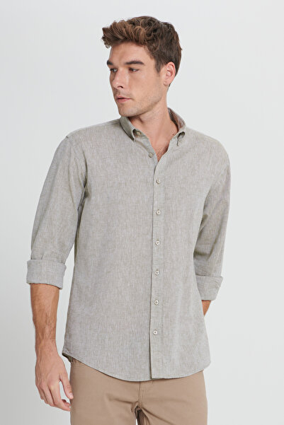 ALTINYILDIZ CLASSICS Ανδρικό πουκάμισο με γιακά με κουμπιά, ανδρικό λινό Comfort Fit, Classics, Χακί