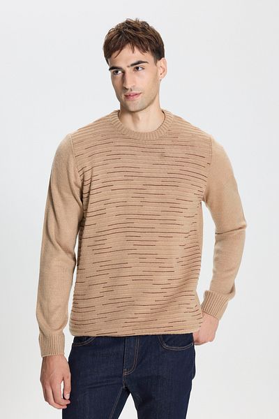 ALTINYILDIZ CLASSICS Πλεκτό ανδρικό πουλόβερ σε μπεζ τούβλο - Standard Fit, Crew Neck, με σχέδιο