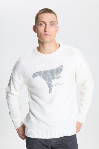 AC&Co / Altınyıldız Classics Pánský ecru oversize volný střih s výstřihem se vzorem růžového zlata s měkkým texturovaným úpletem