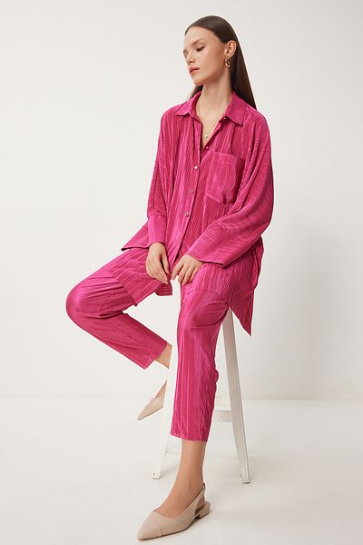 Happiness İstanbul Women's Pink Stylish Buttoned Pleated Shirt Pants Set Fn03234