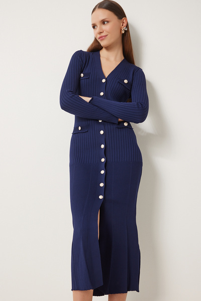 Happiness İstanbul Kadın Lacivert Şık Düğmeli Fitilli Triko Elbise FN03379