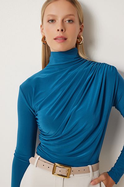 Happiness İstanbul Petrolgrüne, geraffte, detaillierte Sandy-Bluse mit Stehkragen für Damen FF00135