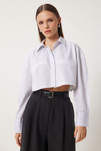 Happiness İstanbul Cămașă albă cu dungi Crop Poplin pentru femei FN03137