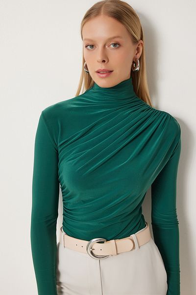 Happiness İstanbul Damen-Bluse in Smaragdgrün mit Kordelzug und Stehkragen, Sandy-Bluse FF00135