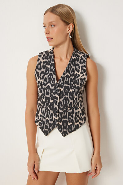 Happiness İstanbul Dámská černá šedá vesta s leopardím vzorem To00154