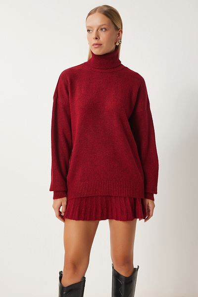 Happiness İstanbul Burgunderrotes Rollkragenpullover-Rock-Set für Damen DD01343