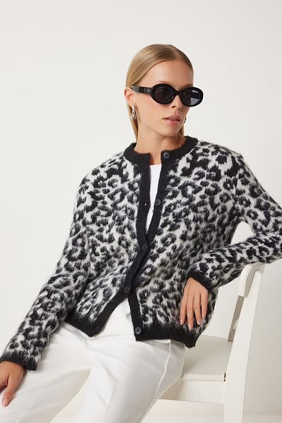 Happiness İstanbul Dámská pletenina s leopardím vzorem v černé a bílé barvě s krátkými vousy Cardigan Us00935