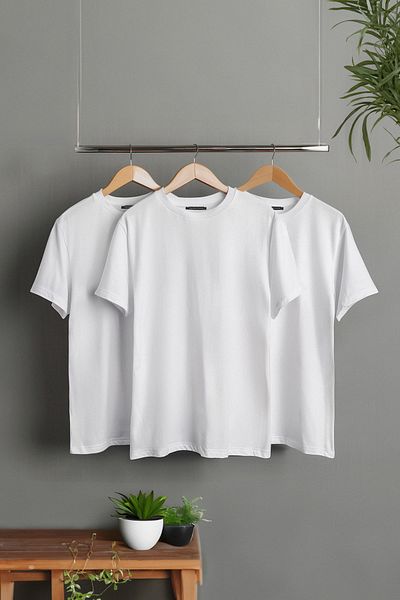 Trendyol Collection Schwarzes Slim-Fit-Basic-T-Shirt mit Rundhalsausschnitt, 3er-Pack, weiß, 100 % Baumwolle – TMNSS19BO0007