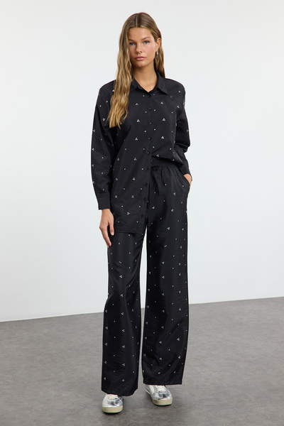 Trendyol Modest Black Shiny Stone Detail Summer Flowing Fabric Adjustable Waist Bottom-Top Set Tctaw25Us00106