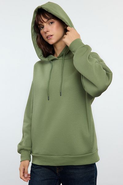 Trendyol Collection Pletená mikina KHaki - silná vnitřní, fleecový detail kapsy, s kapucí - Regular Fit TWOAW24sw00075