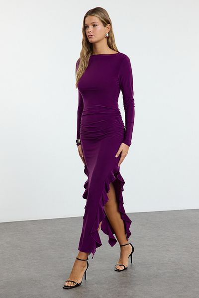 Trendyol Collection Μωβ πλεκτό φόρεμα ελαστικό μίντι μήκους - βολάν, λαιμόκοψη βάρκας TWOAW24EL00616
