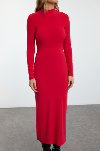 Trendyol Collection Rochie tricotată maxi roșie elastică - guler vertical, strâns pe corp TWOAW24EL00614