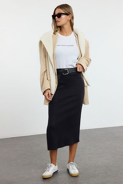 Trendyol Collection Černá sukně Midi Pencil – elastický pas, rozpark, Twoaw25et00083