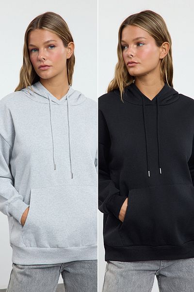 Trendyol Collection Black-grey 2-pack - Thick and Fleece Wide Fit Knitted Sweatshirt Twoaw25sw00276
