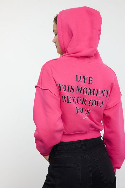 Trendyol Collection Fuchsia Slogan Fleece Oversize Crop mikina - Twoaw25Sw00182