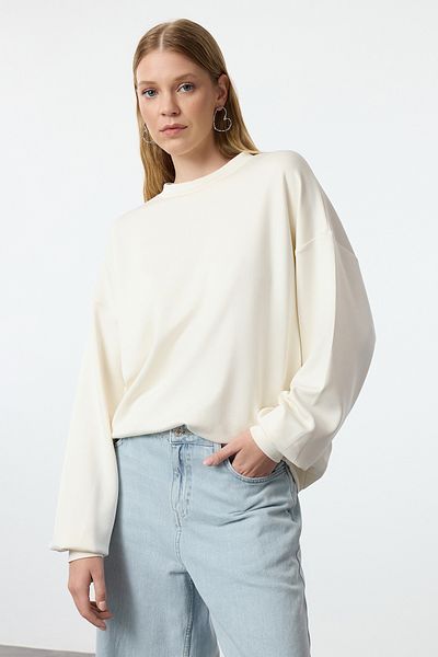 Trendyol Collection Oversize pletená mikina Crew Neck Oversize - Stone Soft Buttoned TWOAW25sw00077