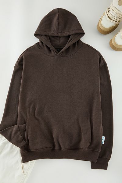 Trendyol Collection Φούτερ με κουκούλα με κουκούλα σε σκούρο καφέ φλις - TMNAW25SW00115