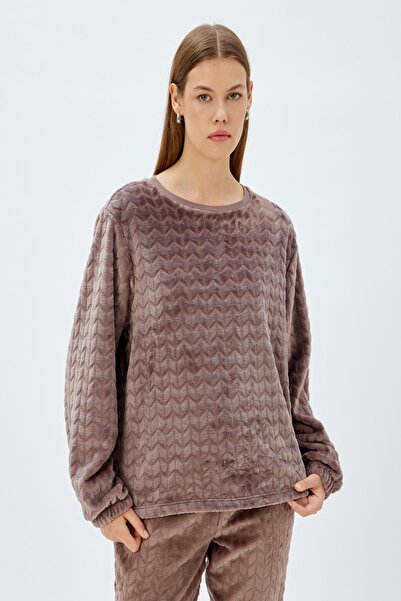 Koton Fleece-Pyjama-Oberteil mit Rundhalsausschnitt – elastische Manschette, strukturiert 5WLK40112MK