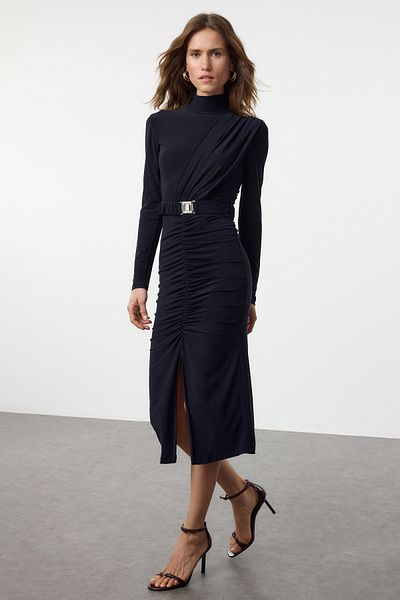 Trendyol Collection Sötétkék ceruzaruha rugalmas övvel - állógallérral, testhezálló TWOAW22EL0434