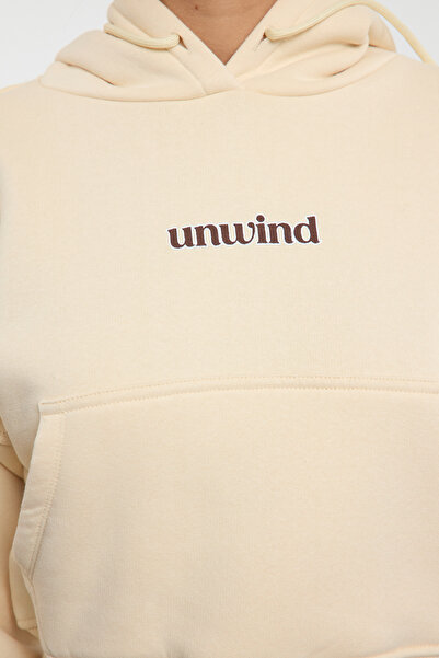 Trendyol Collection Fleece Knitted Sweatshirt - Stone Slogan Print, Wide Fit, Crop - Twoaw25Sw00182