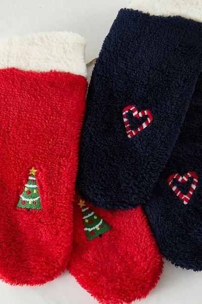 Trendyol Collection Red-Navy Blue 2 Pack Christmas Themed Embroidered Towel Knitted Socks Thmaw25Co00003