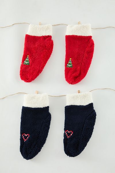 Trendyol Collection Red-Navy Blue 2 Pack Christmas Themed Embroidered Towel Knitted Socks Thmaw25Co00003