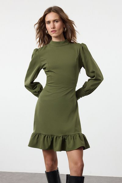 Trendyol Collection Μίνι φόρεμα με όρθιο γιακά σε γραμμή Α - Χακί TWOAW21EL1816
