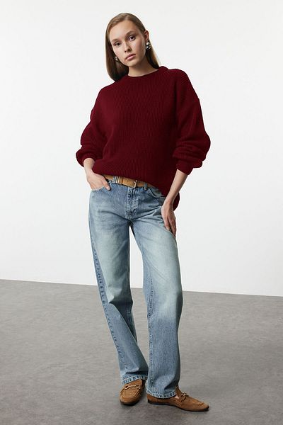 Trendyol Collection Burgundy Wide Fit Ribbed Soft Textured Knitwear Sweater Twoaw25Kz00342