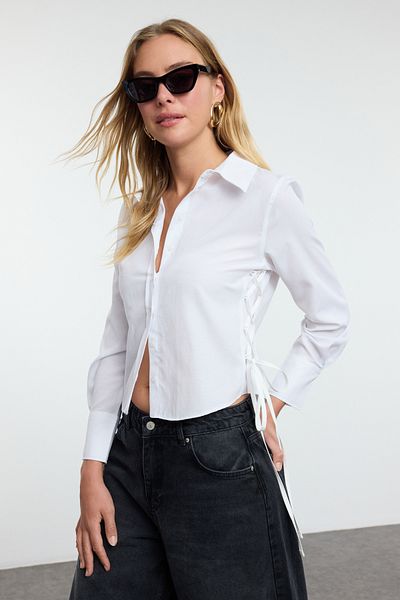 Trendyol Collection White Woven Shirt with Tie Detail Twoaw25Go00069