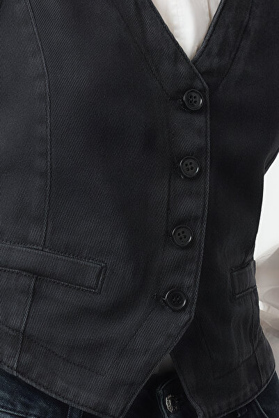 Trendyol Collection Black V-Neck Fitted Denim Vest Twoaw25Ye00094