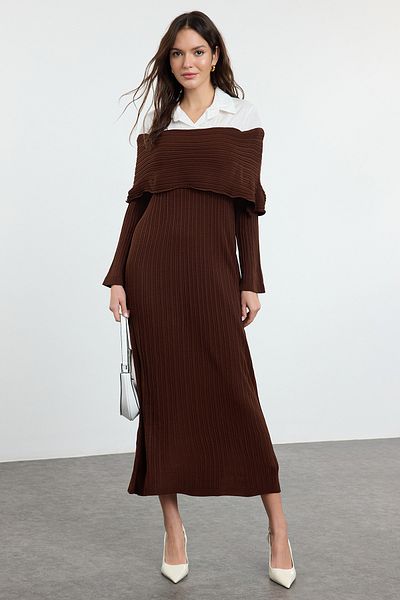 Trendyol Modest Καφέ υφαντό πλεκτό φόρεμα TCTAW25EB00052